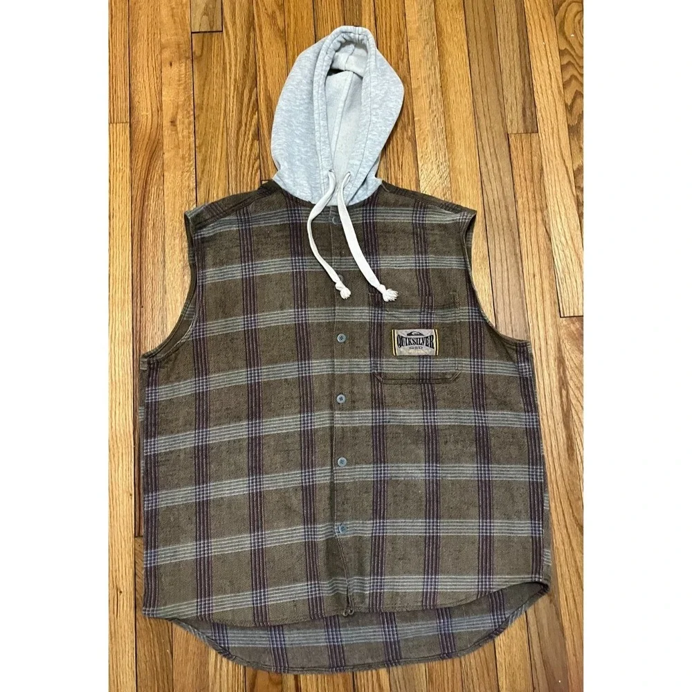 Vintage QUIKSILVER QSD Sleeveless Flannel Vest Hoodie Plaid Baggy Grunge 90s